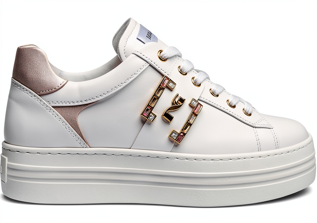 Nero Giardini Unisex Sneaker Leder Flatform Weiß auf einem Holzboden, Vorderansicht