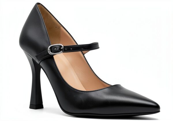BAG Damen Pumps Leder Schwarz Schnalle Ausgestellter Absatz-3