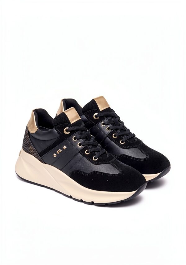 BAG Damen Sneaker Leder Schnürschuh Sportlich Schwarz Blau-2