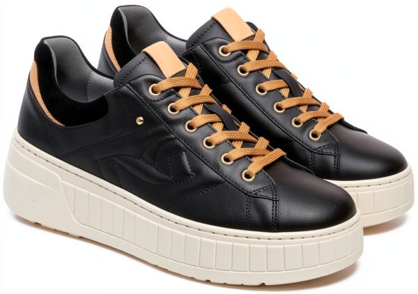 B.A.G. Damen Sneaker Leder Schnürschuh Schwarz Flatform-3