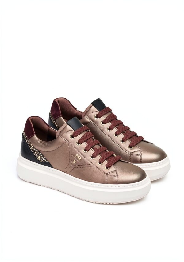 BAG Damen Sneaker Leder Flatform Schnürschuh Schwarz Bronze-2