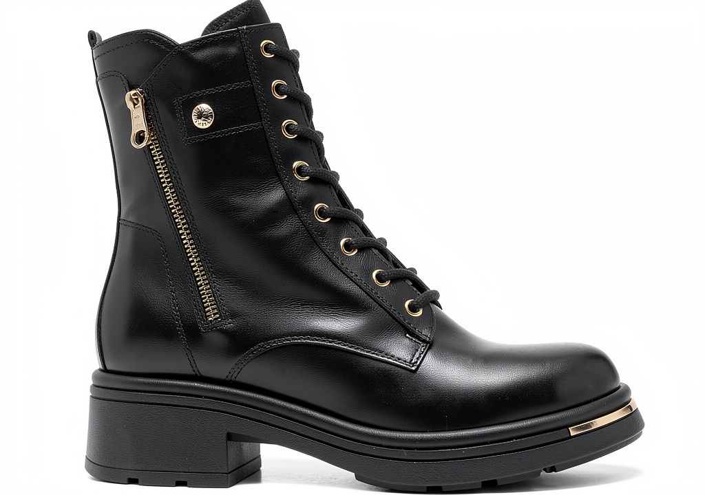 BAG Lederstiefel in Schwarz von der Seite, die das Leder und den Reißverschluss zeigen