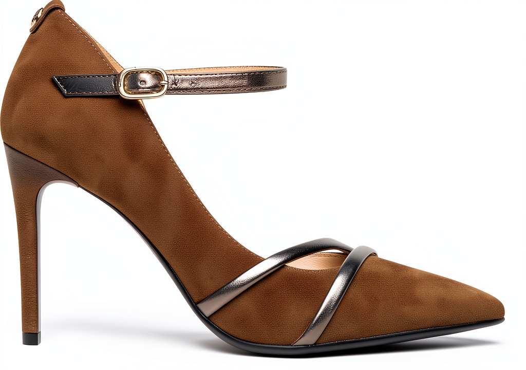 Installing B.A.G. Damen Leder Stiletto Schnalle Braun Schuhe on a wooden desk