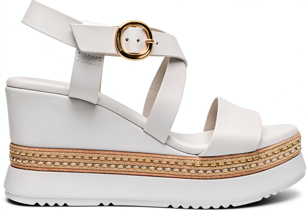 Elegante Damen-Sandalen mit Keilabsatz auf Holzoberfläche